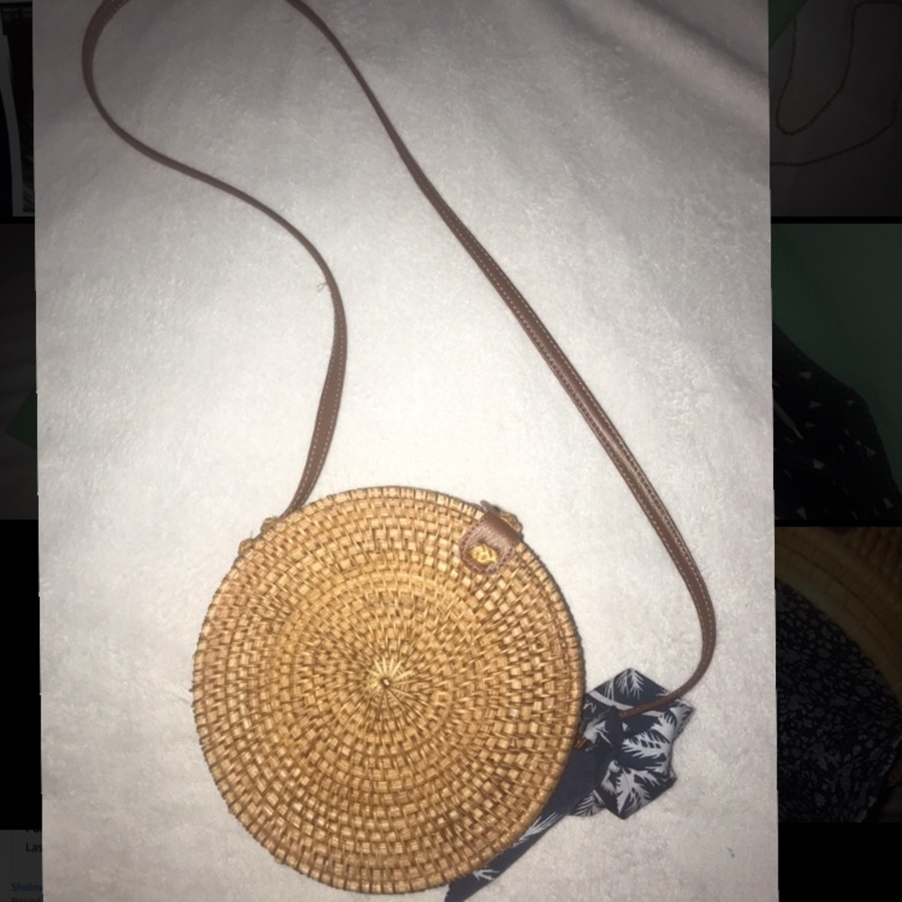 Round rattan bag with scarf. NWOT